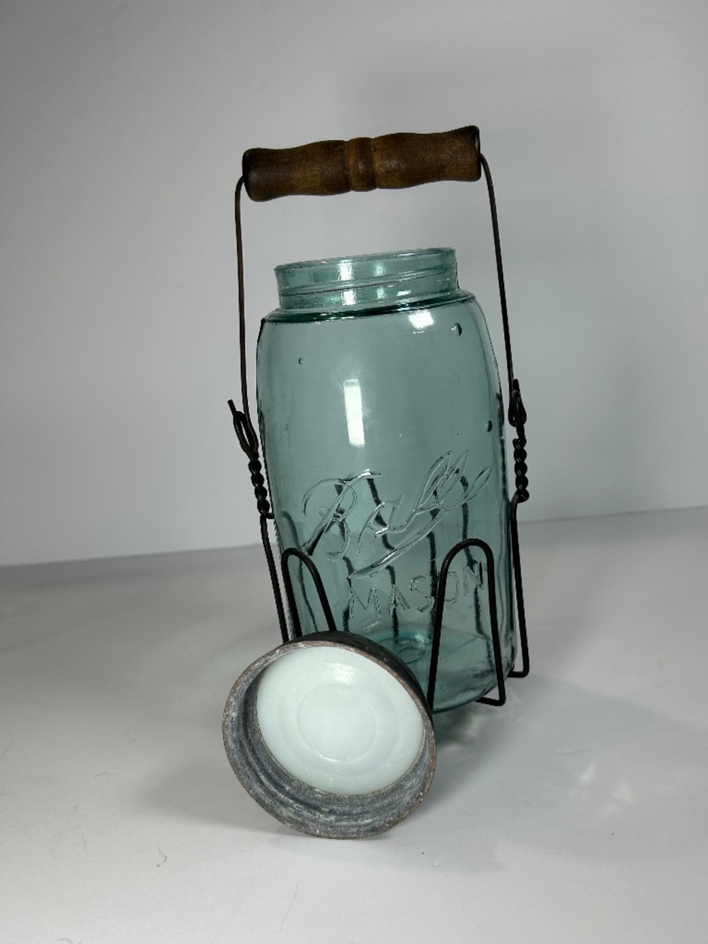 Antique Ball Aqua Mason Jar w/ Primitive Wire Carrier Caddy (1920s-1930s)